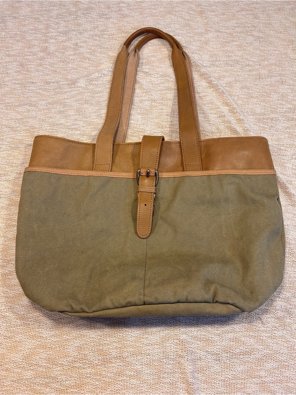 L.L. Bean Olive Green Canvas Tote with Tan Leather Trim